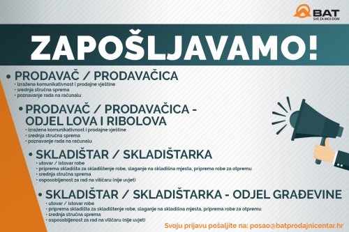 Zapošljavamo - prodavač/prodavačica i skladištar/skladištarka