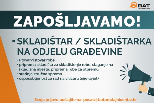 Zapošljavamo skladištara / skladištarku na Odjelu građevinskog materijala